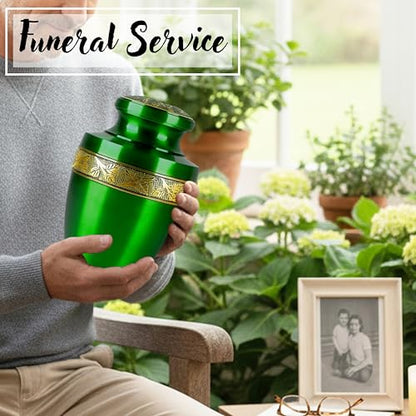 CLEENTABLE Hand-Engraved Cremation Urn for Human Ashes, Green - color: Green & Gold, size: Hand-Etched Leaf - 7x11"