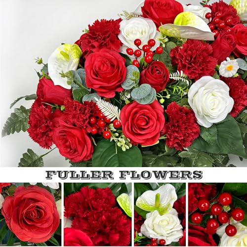 Artificial Cemetery Flower with Vases for Grave Decoration, 3PC,Red Rose Carnation，Headstone Flower Saddle (Vases Included)