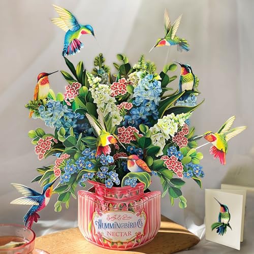 Freshcut Paper Pop Up Cards, Hummingbird Oasis, 12 Inch Life Sized Forever Flower Bouquet 3D Popup Greeting Card, Birthday Cards, Thank You Card, Blank Notecard & Envelope - color: Hummingbird Oasis, size: Classic