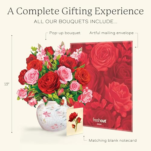 Freshcut Paper Blooming Roses 13 Inch Life-Sized 3D Pop Up Card – Anniversary, Valentine's Day, Mothers Day, Thank You, Gifts for Mom and Her – Includes Notecard and Envelope (Pack of 2) - color: Blooming Roses, size: Classic (Pack of 2)
