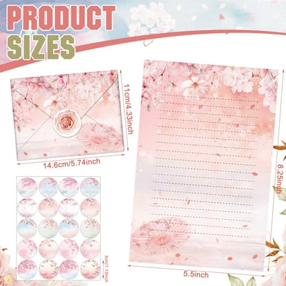 TaoBary 160 Pcs Cherry Blossom Stationery Paper and Envelopes Set | 5.5 x 8.25'' Letter Writing Kit, 50 Double Sided Stationery Writing Papers 50 Matching Envelopes 60 Round Dot Sticker - size: 5.5 x 8.25 Inch, style: Cherry Blossom
