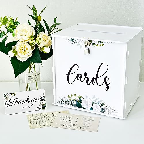 OurWarm Wedding Card Box with Lock, White PVC DIY Gift Card Box for Party | Double-Sided Flowers Pattern Design, Holds up to 300 Cards, Card Box for Wedding Reception, Birthday, Baby Shower, Graduation - color: Eucalyptus