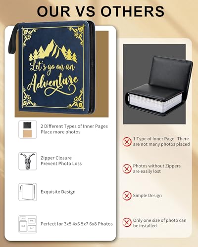 Adventure Leather Photo Album 4x6 200 Photos, DIY Scrapbook with 50 Sheets and 20 Blank Kraft Sheets, Travel Souvenir Diary Photo Book for Family Wedding Baby and Holiday Pictures - color: Blue-text