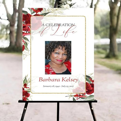 Red and Gold Floral Funeral Welcome Sign, Celebration of Life Welcome Sign, in Loving Memory Sign, Celebration of Life Funeral Sign, Celebration of Life Sign, Memorial Sign with Photo #Yn1 - color: Version #2