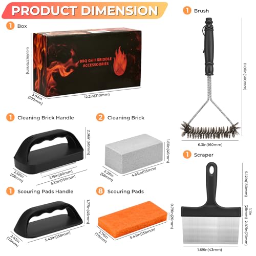 Griddle Cleaning Kit for Blackstone, Flat Top Grill Accessories Cleaner Tool Set Grill Stone, Griddle Scraper, Scouring Pad and Handles, Multifunctional Griddle Accessories Easy to Remove Stain