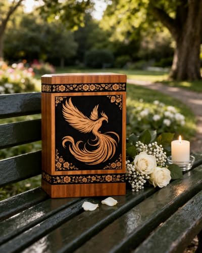 Urn with Phoenix & Floral Engraving – Premium Memorial Urn for Human Ashes – Decorative Funeral Urn Box [Available urn Box in 5 Different Sizes] ((Full Size 14X7.5 600 Cubic INCHES))
