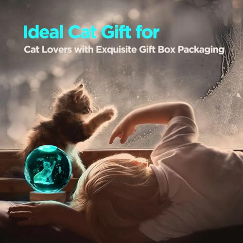 Crystal Ball Night Light Cat Lamp, 3.15 Inch Cat Figurines with 16 Color Wooden LED Base, Birthday & - color: Cute Cat