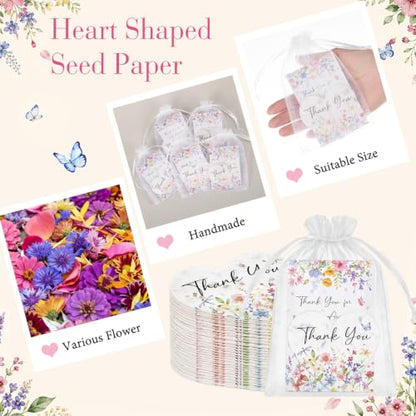 Crtiin 50 Sets Thank You Favors, Heart Shaped Wildflower Seed Paper with Thank You for Being Awesome Cards and Organza Bags, Appreciation Gifts for Teachers, Coworkers, Volunteers, Friends - style: Heart Shaped Thanks Theme