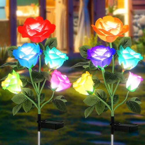 10 LED 7-Color Changing Solar Rose Flower Lights Garden Decorations Outdoor Waterproof Decorative Stake Lights for Patio Pathway Yard Lawn Cemetery Decor(2 PCS White) - color: Color Changing-white