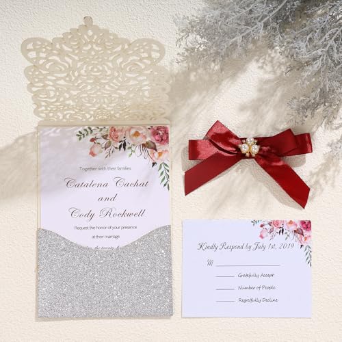 25Pcs Silver Glitter Laser Cut Invitations with RSVP Cards and Envelopes - color: Glitter Silver
