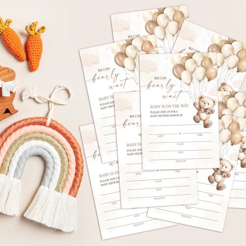 We Can Bearly Wait Baby Shower Invitations for Boys Girls, Bear Balloon Invite Cards for Baby Announcement, 25 Set of Fill-in Invites with Envelopes, Gender Reveal Party Supplies -B08 - color: Bearly-02