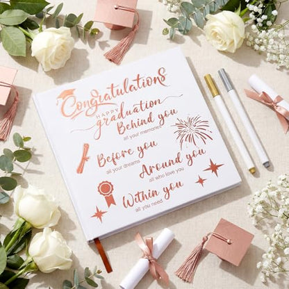 2026 Graduation Guest Book 8.7'' x 8.7" with 2 Markers Congratulations Graduate Gifts Class of 2026 Picture Book Hardcover Rose Gold Foiled Photo Album for Graduation Party Supply 144 Pages - color: White, style: Blessing