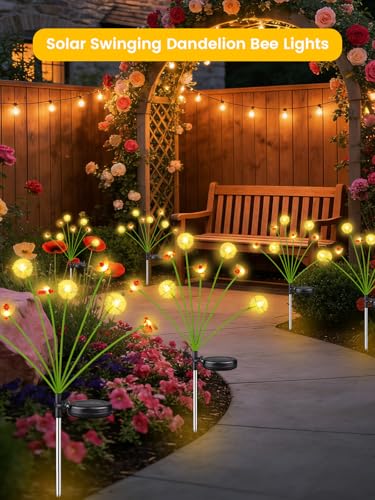 EEW Solar Garden Lights Outdoor 10 Pack 80 LED Swaying Dandelion Bee Lights | 2 Modes (Steady on, Slow Twinkle),Cute Flower Pathway Lights for Yard Lawn Patio Party Garden Wedding Pathway Decorations