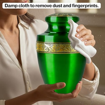 CLEENTABLE Hand-Engraved Cremation Urn for Human Ashes, Green - color: Green & Gold, size: Hand-Etched Leaf - 7x11"