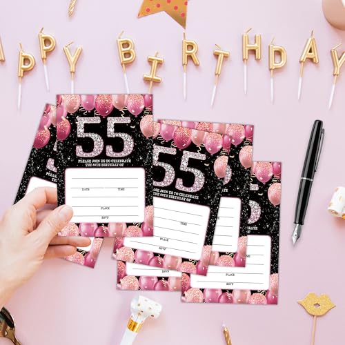 Birthday Invitations - 55th Bday Invites with Envelopes(25-Count) - Pink Balloon Glitter Fill-in Invite Cards for Party Supplies Favors Decorations - G03 - style: Pink Balloon 55th