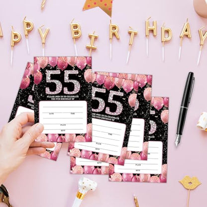 Birthday Invitations - 55th Bday Invites with Envelopes(25-Count) - Pink Balloon Glitter Fill-in Invite Cards for Party Supplies Favors Decorations - G03 - style: Pink Balloon 55th