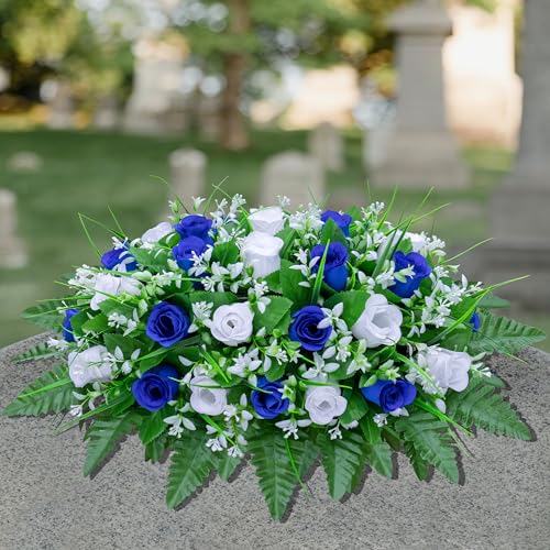 LVXINLI Artificial Cemetery Flowers Saddle-Shaped Tombstone Decorations Non-Fading UV-Resistant（Blue+White Saddle ） - color: Blue+white Saddle