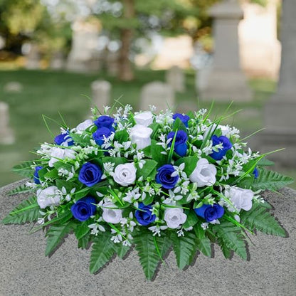 LVXINLI Artificial Cemetery Flowers Saddle-Shaped Tombstone Decorations Non-Fading UV-Resistant（Blue+White Saddle ） - color: Blue+white Saddle