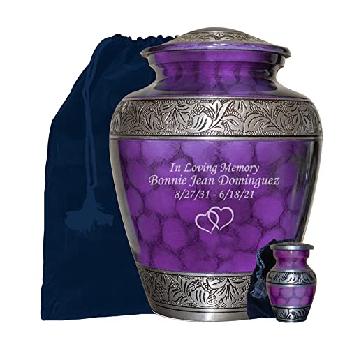 NWA Customized Cremation Urn, Adult Human Funeral Cremation Urn, Beautiful Purple Urn with Matching Keepsake, Personalization, and Velvet Bag