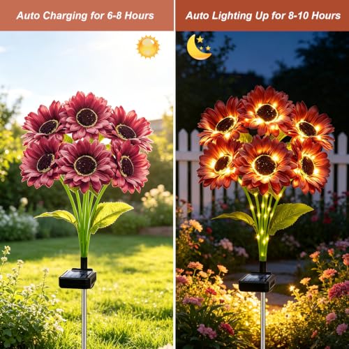 ANGMLN Solar Garden Lights 4 Pack 24 Solar Red Sunflower Lights - color: 6 Head Sunflower Red