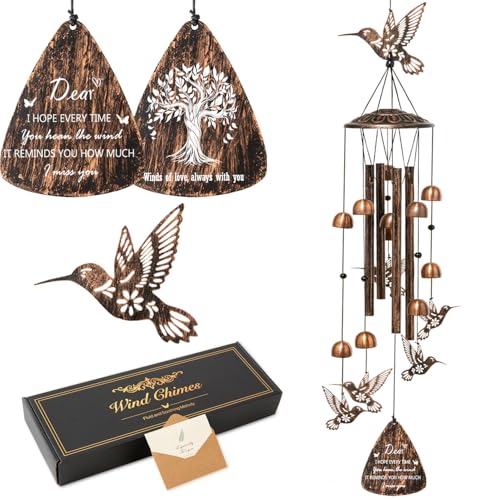 Hummingbird Wind Chimes for Outside, Vintage Copper Outdoor Wind Chime with Sympathy Wind Catcher, Deep Tone Hanging Decor for Patio Porch Garden Yard Balcony, Thoughtful Gift for Women Mom
