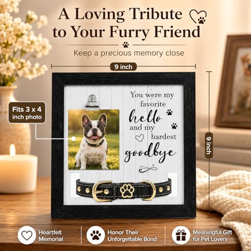 Dog Memorial Gifts for Loss of Dog, Pet Loss Sympathy Frame with Collar Holder & Photo Clip,Cat Remembrance Bereavement Picture Frame, Dog Passing Sympathy Gift for Pet Lovers