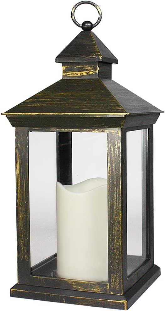 14" Tall Vintage Decorative Lantern with LED Pillar Candle (Distressed Gold) - Outdoor Lights Decorative Hanging - Battery Lantern with Timer - Vintage Candle Light - color: Distressed Gold Vintage Lantern - ABS Metallic Coating