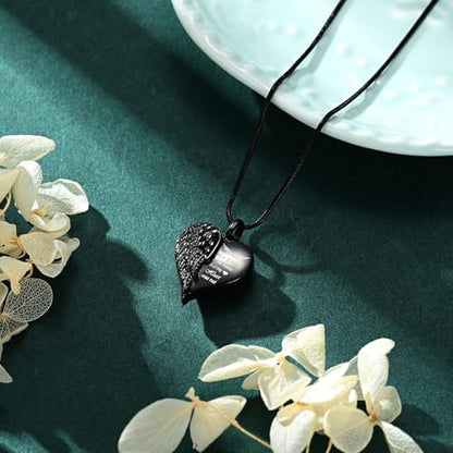 Love Heart Cremation Jewelry Urn Necklaces Wing Urn Necklaces for Ashes Memorial Keepsake Pendant for Women Men Gifts With Funnel Kit & Bag - color: Black