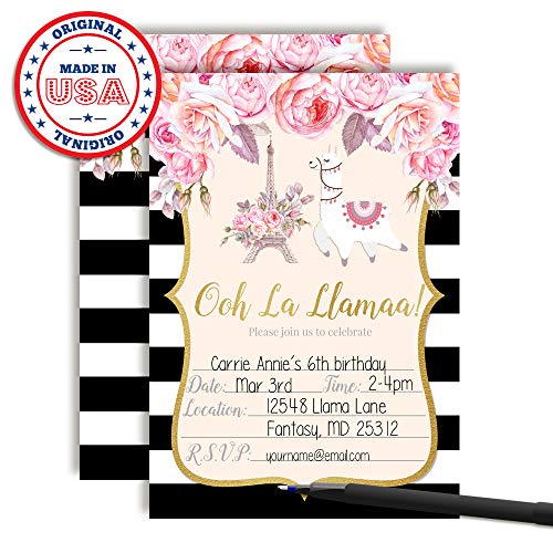 Ooh La Llama Watercolor Floral Llama in Paris Birthday Party Invitations, 20 5x7 Fill In Cards with Twenty White Envelopes by AmandaCreation - style: Watercolor Floral Llama in Paris