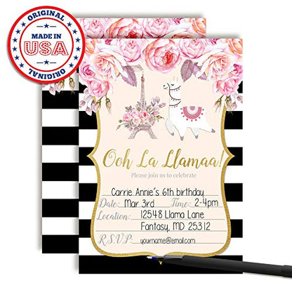 Ooh La Llama Watercolor Floral Llama in Paris Birthday Party Invitations, 20 5x7 Fill In Cards with Twenty White Envelopes by AmandaCreation - style: Watercolor Floral Llama in Paris