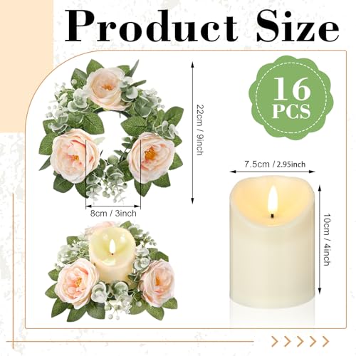 Yunlly 16 Set Rose Candle Rings Wreaths 3 Inch Center with Flameless LED Candles Artificial Rose Light Garland Fake Electric Votive Tealights Bulk Funeral Wedding Table Centerpieces Decor(Champagne) - color: Champagne