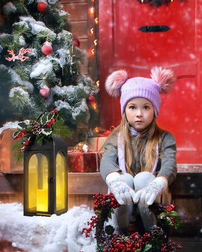 Bdor 16 Inch Black Metal Christmas Lantern with Remote LED Candle and Timer | Removable pinecone and holly greenery, flameless LED candles, remote control, 6-hour timer, tabletop or porch decor
