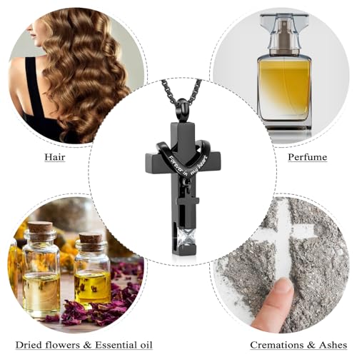 Oinsi Black Cross Urn Necklace For Ashes Of Loved Ones With Birthstone Always In My Heart Cremation Jewelry Keepsake Pendant Women Men - color: Clear Stone