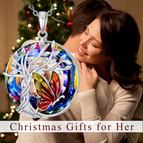 TOUPOP Butterfly Necklace for Women 925 Sterling Silver Tree of Life Butterflies Dragonfly Hummingbird Pendant Necklaces Crystal Jewelry Anniversary Christmas Birthday Gift for Her - color: Butterfly Red