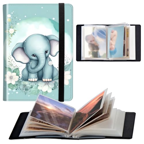 Photo Album 4x6 120 Pockets Photos with Elastic Band, PU Leather Photo Books Small Mini Capacity Picture Album for Family Wedding Travel Anniversary Baby Vacation Pictures,Cute Elephant Blue - color: Cute Elephant Blue
