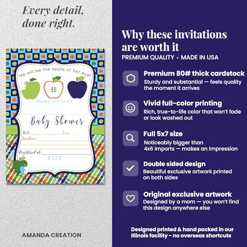 Apple of My Eye Baby Shower Boy Invitations, 20 5x7 Fill In Cards with Twenty White Envelopes by AmandaCreation™ - style: Apple of My Eye Boy