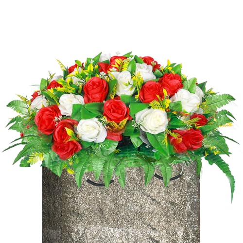Artificial Cemetery Flowers, Artificial Silk Flower Arrangement ,Artificial Rose Bouquet Grave Memorial Flowers with Headstone Flower Saddle for Gravesite Headstones Decoration (1, Red and white) - color: Red and White