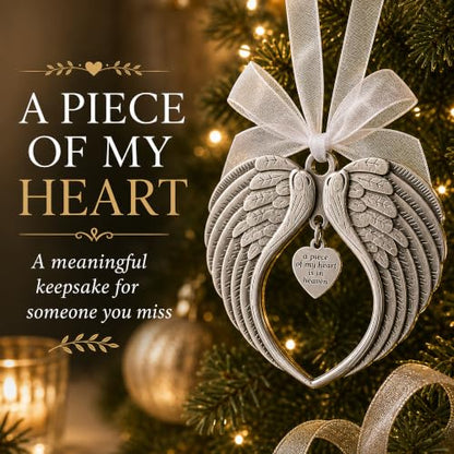 Christmas Ornaments Angel Wings - A Piece of My Heart is in Heaven | Christmas Ornaments, A Piece of My Heart is in Heaven, Christmas Tree, Loss of Loved One, Luxurious Silk Ribbon, Red Gift Bag - color: A Piece of My Heart