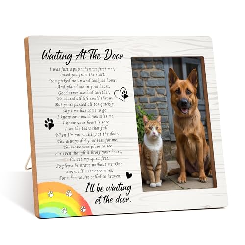 Pet Dog Cat Memorial Photo Frame - Waiting At The Door Dogs Wooden Tabletop Picture Frame - Sympathy Memorial Gifts For Loss Of Dog Cat Owner - In Loving Memory Rainbow Frames Favors -01 - style: Rainbow