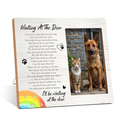 Pet Dog Cat Memorial Photo Frame - Waiting At The Door Dogs Wooden Tabletop Picture Frame - Sympathy Memorial Gifts For Loss Of Dog Cat Owner - In Loving Memory Rainbow Frames Favors -01 - style: Rainbow