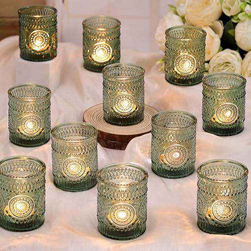 Green Votive Candle Holders Set of 36- Glass Tealight Candle Holders Bulk | for Flameless LED Tea Waxes, Tea Light Candle Holder for Wedding & Home Table Decor, Vintage Parties Gifts - color: Green