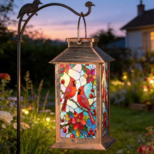 Solar Lanterns Outdoor Waterproof,Garden Decor Metal Hanging Decorative Solar Lights,Mothers Day Gifts,Birthday Gifts for Women Mom Grandma,Gardening Gifts for Yard,Patio, Lawn,Tabletop(Cardinal) - style: Style_ Red Bird