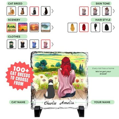 Personalized Photo Rock Slate Frame - 1 Cat Mom - Square Shape | Custom Stone Plaque Picture Frame, Cat Gift for Women, Cat Lover Gifts for Women, Birthday, Christmas, Mother’s Day - color: Mom-1Cat-Slate