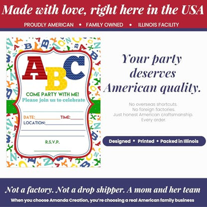 ABC Alphabet Letters and Learning Birthday Party Invitations, 20 5x7 Fill In Cards with Twenty White Envelopes by AmandaCreation - style: ABC Alphabet Letters