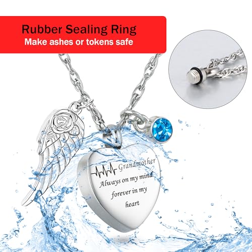 Gredstar Heart Urn Necklace for Ashes, ECG Memorial Pendant | Heartbeat Line, Angel Wing, 12 Birthstones, Stainless Steel, Screw Closure, Funnel & Box Included - style: Grandmother