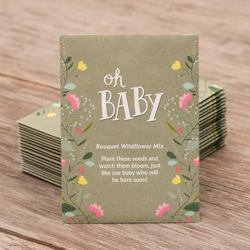 Oh Baby Seed Packets|Girl or Boy Baby Shower Favors for Guests | 25 Wildflower Seed Packets | Pre-Filled | Bouquet Wildflower Mix | Non-GMO Seeds | Gender Neutral | Eco-Friendly Gift - style: Oh Baby Taupe