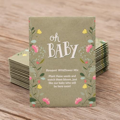 Oh Baby Seed Packets|Girl or Boy Baby Shower Favors for Guests | 25 Wildflower Seed Packets | Pre-Filled | Bouquet Wildflower Mix | Non-GMO Seeds | Gender Neutral | Eco-Friendly Gift - style: Oh Baby Taupe