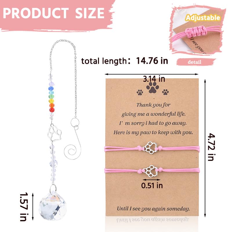 Sisadodo Rainbow Bridge Dog Memorial Gifts for Loss of Dogs Cats Rainbow Bridge Bracelet Keychains Paw Crystal Sun Catcher - color: pink