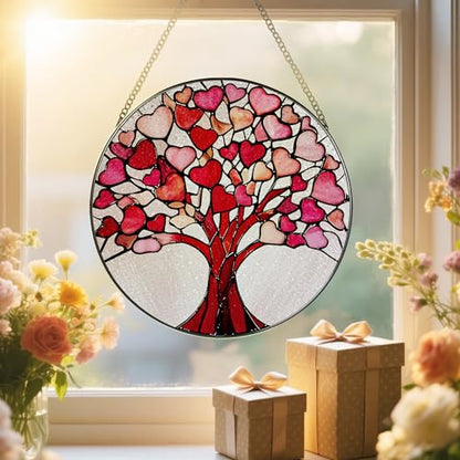 Stained Glass Window Hanging - 8 Inch Love Heart Tree Suncatcher, Sun Catchers Indoor Window | Valentine’s Day, Mother's Day, Christmas, Anniversary, Birthday Gifts for Lover, Wife, Girlfriend, Mom - color: Heart Tree