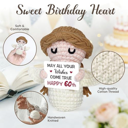 60th Birthday Gifts for Women Men, 1966 60th Birthday Decorations, Happy 60 Year Old Gifts for Family Friends Colleagues - Handmade Positive Angel Crochet Doll - style: 60th Birthday Gifts